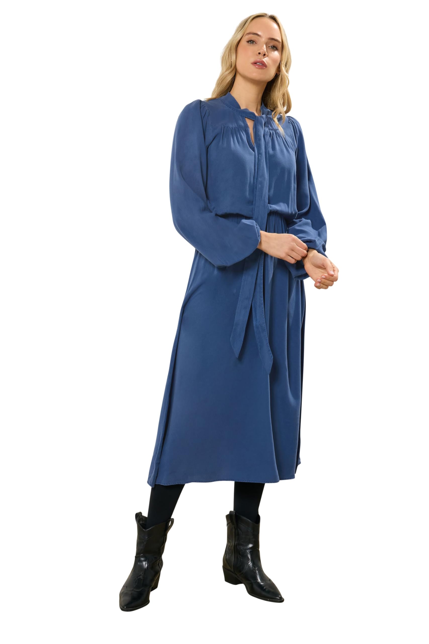 Long Tall Sally - LTS Tall Acid Wash Tie Neck Midi Dress - Women's Blue