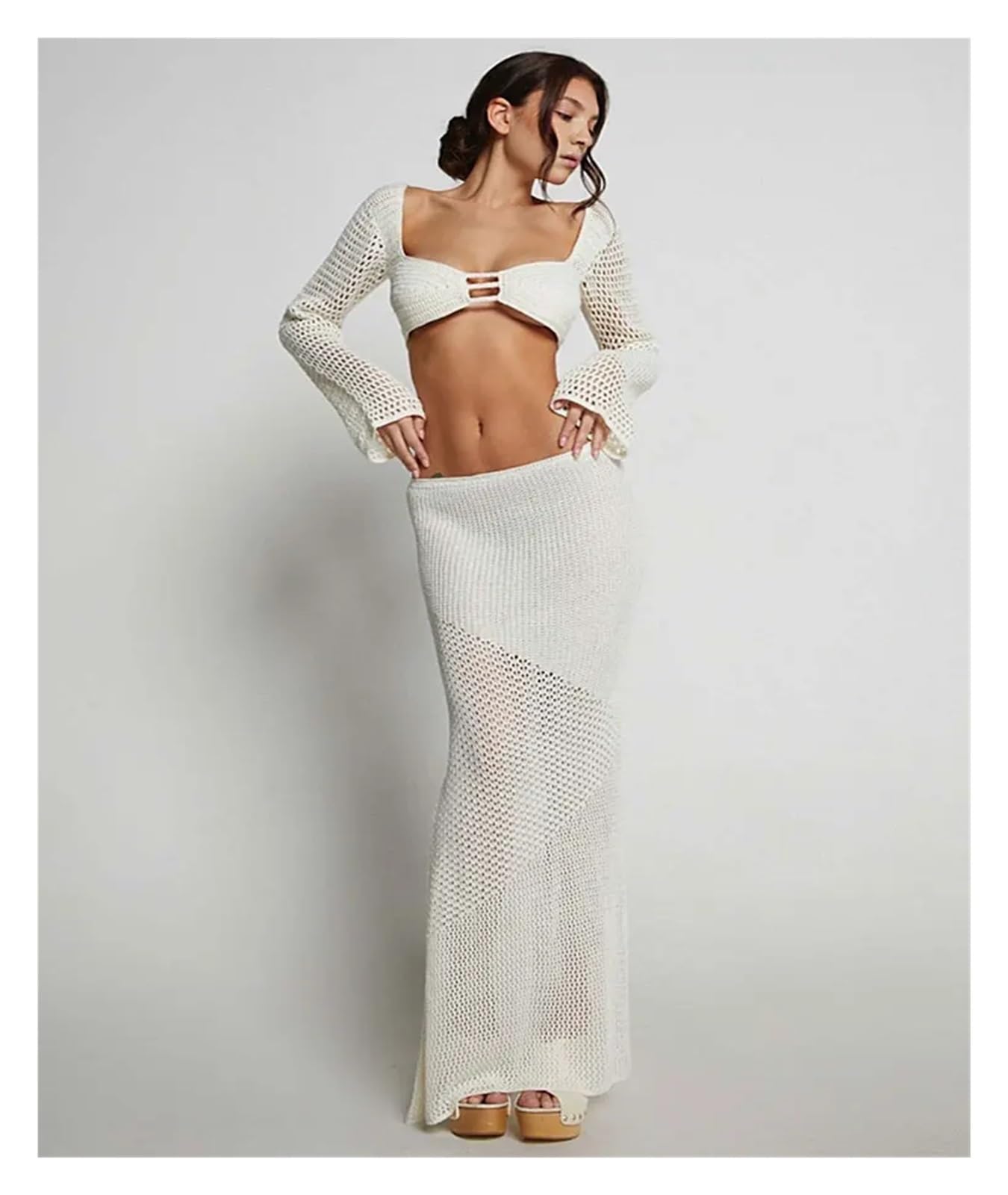 Bikini Cover Ups Été Femmes Blanc attaché à Manches Longues Hanche décontracté évider tricoté Jupe Longue Costume Bikini Couvrir Robe de Plage(White,M)