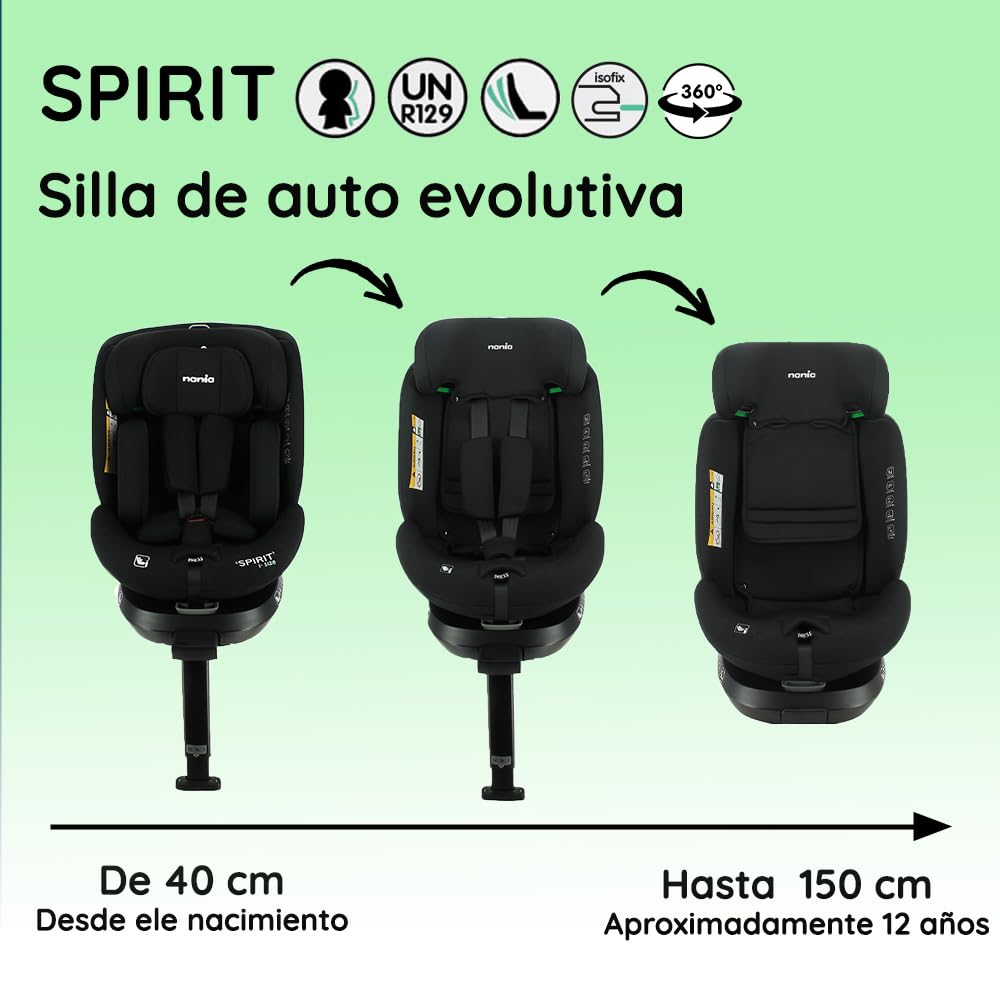 nania Nania - Silla de auto SPIRIT 360° giratoria - Talla I 40-150 cm - Actualizable desde el nacimiento hasta aprox. 12 años - Grupo 0+/1/2/3 - Fijaciones Isofix + puntal de soporte (Spirit)