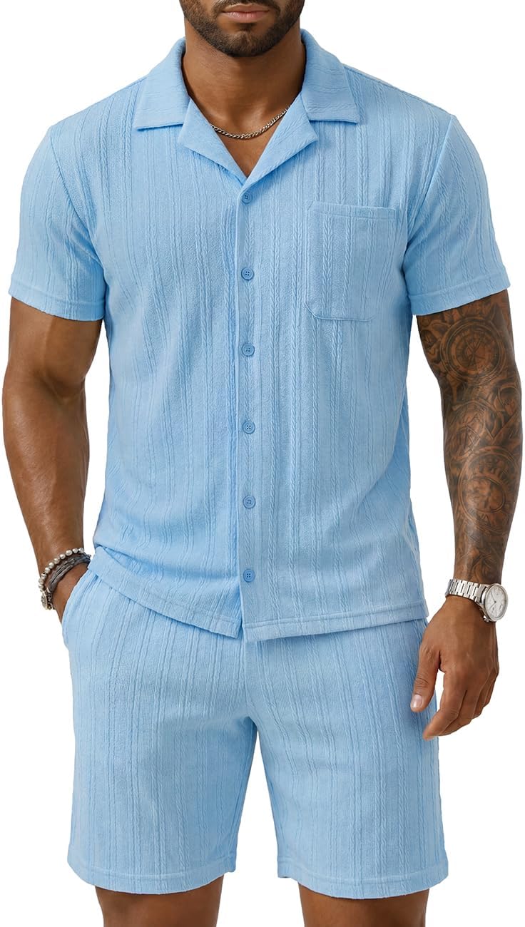Men's Summer Outfits 2 Piece Jacquard Knit Tracksuit Textured Set for Beach Vocation Short Sleeve Shirts & Shorts