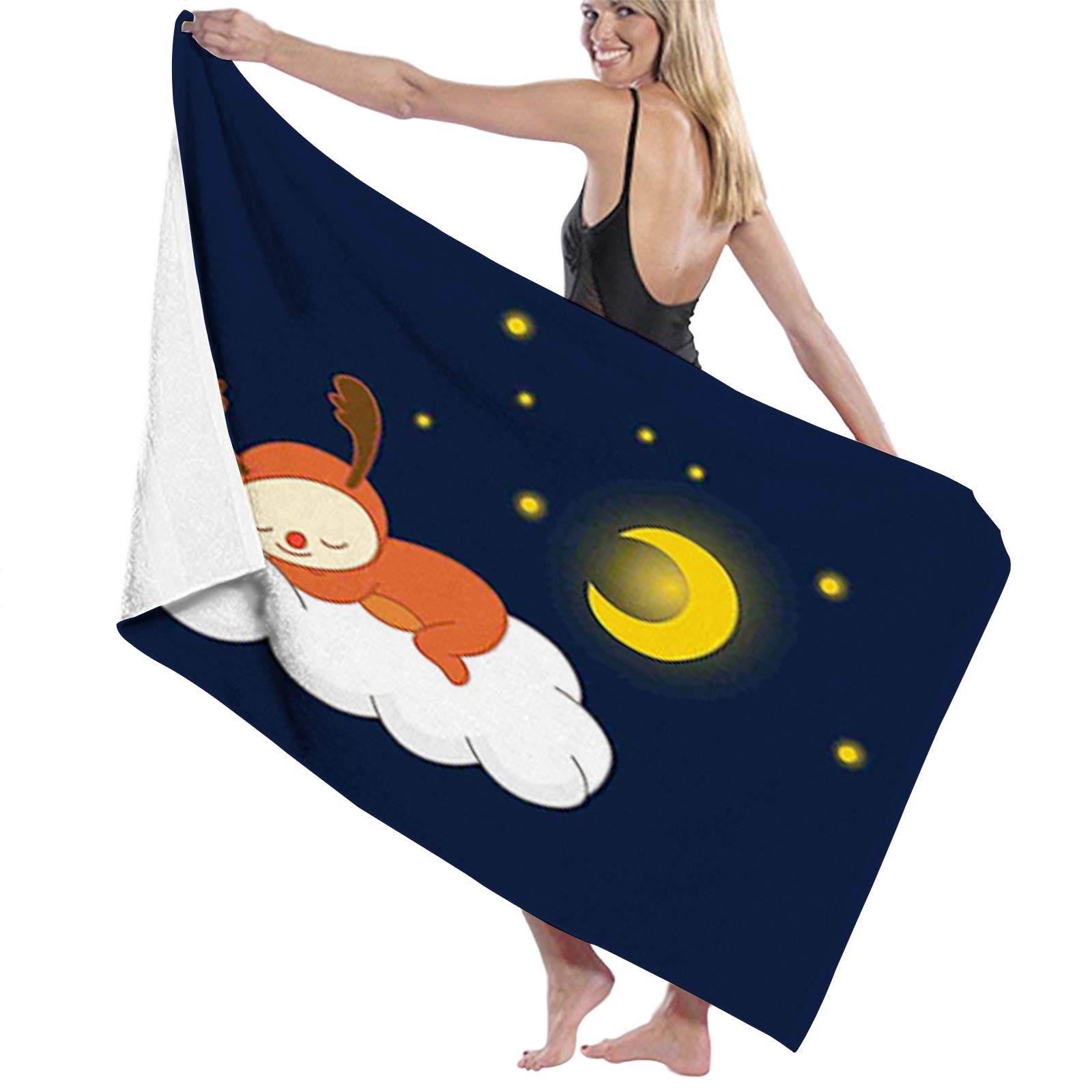 Beach Towel Bath Towel,Reindeer Sleeping with Stars and Crescent Moon on Blue Shade Backdrop,for Swim Spa Travel Yoga Sports Camping Print1