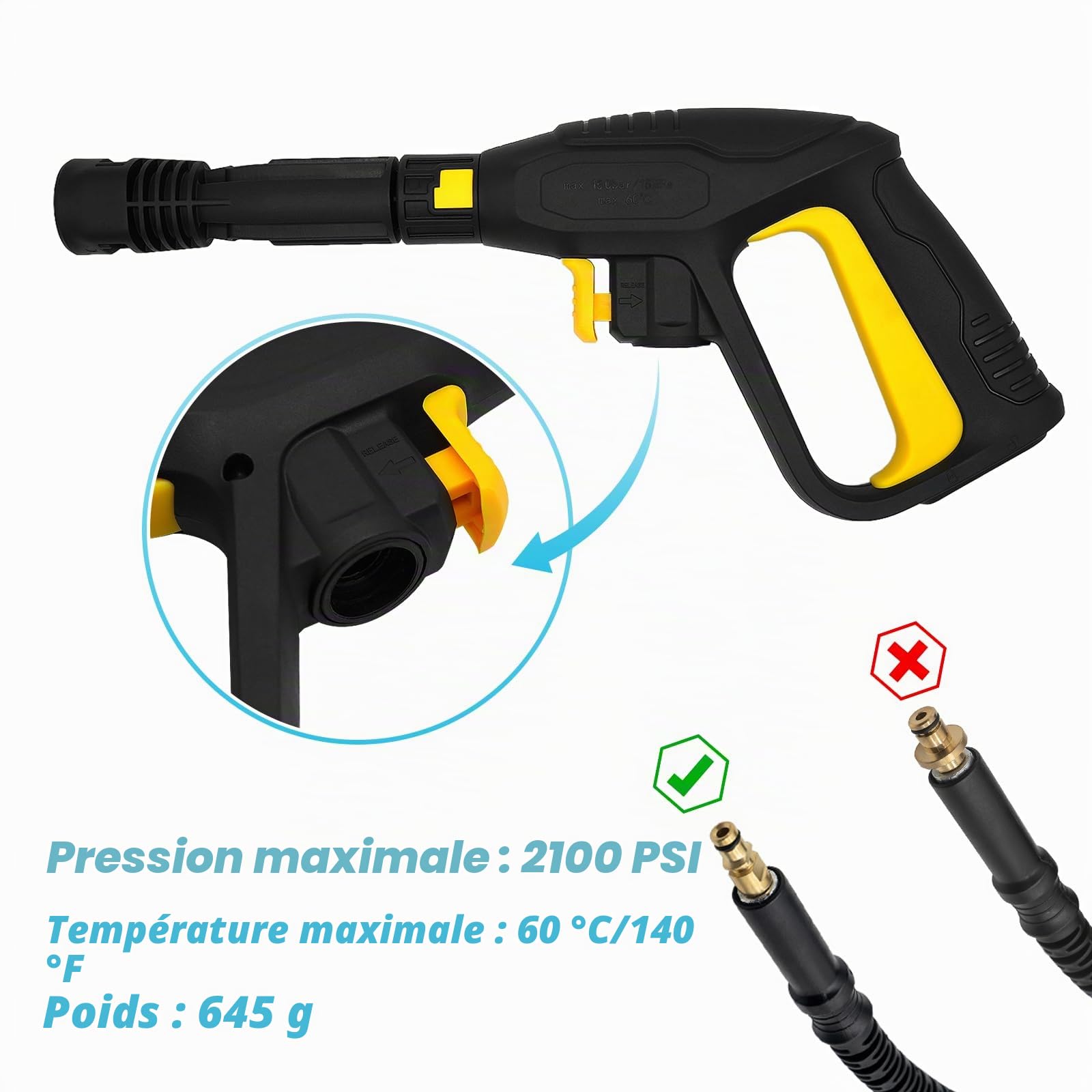 Kit de rechange pour pistolet nettoyeur haute pression XtraHorn pour Karcher K2 K3 K4 K5 K7, pistolet de pulvérisation à déclencheur avec lance d’extension, système de déverrouillage à connexion