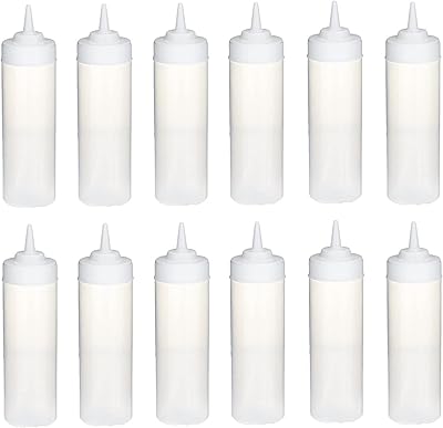 Soro Essentials- Set of 12- Plastic Condiment Squeeze Bottles â€“ 12 Ounce, Clear Color, Perfect for Ketchup, BBQ, Sauces, Syrup, Condiments, and Dressings