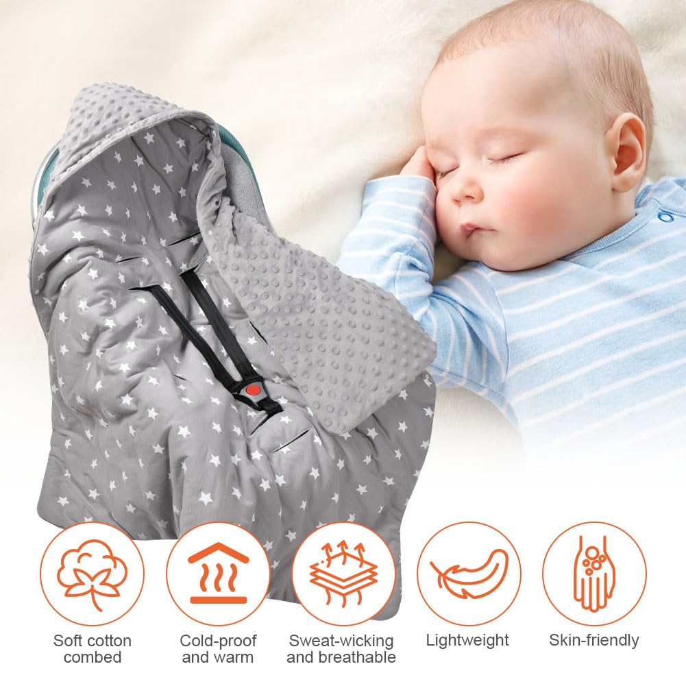 Aolso Baby Coperta trapuntata, 2pcs 100% Cotone Bifacciale Multifunzionale Coperta per seggiolino, con Cappuccio per Passeggini Marsupio, Copri marsupio(stile a cinque punti)