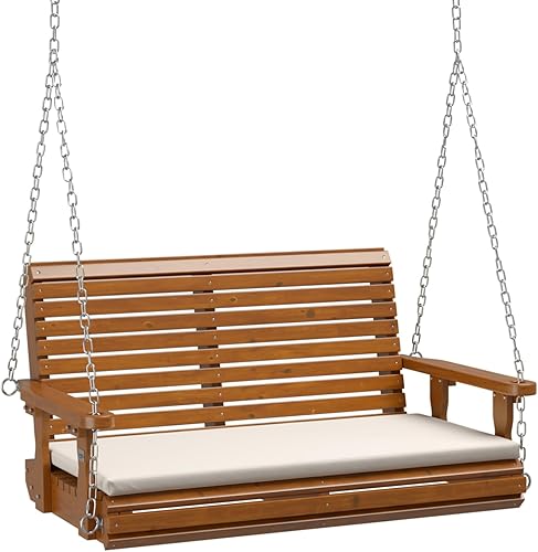 VINGLI Columpio de porche para exteriores de 4 pies, columpios de madera resistentes para patio de 880 libras con cojines, banco colgante estilo