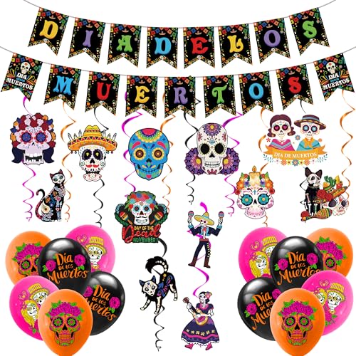 Halloween Day-of The Dead Decoration - El Día de los Muertos Decorations Day of The Dead Hanging Swirls Decorations Banner Bunting Balloons El Día de los Muertos Party Ceiling Wall Decor