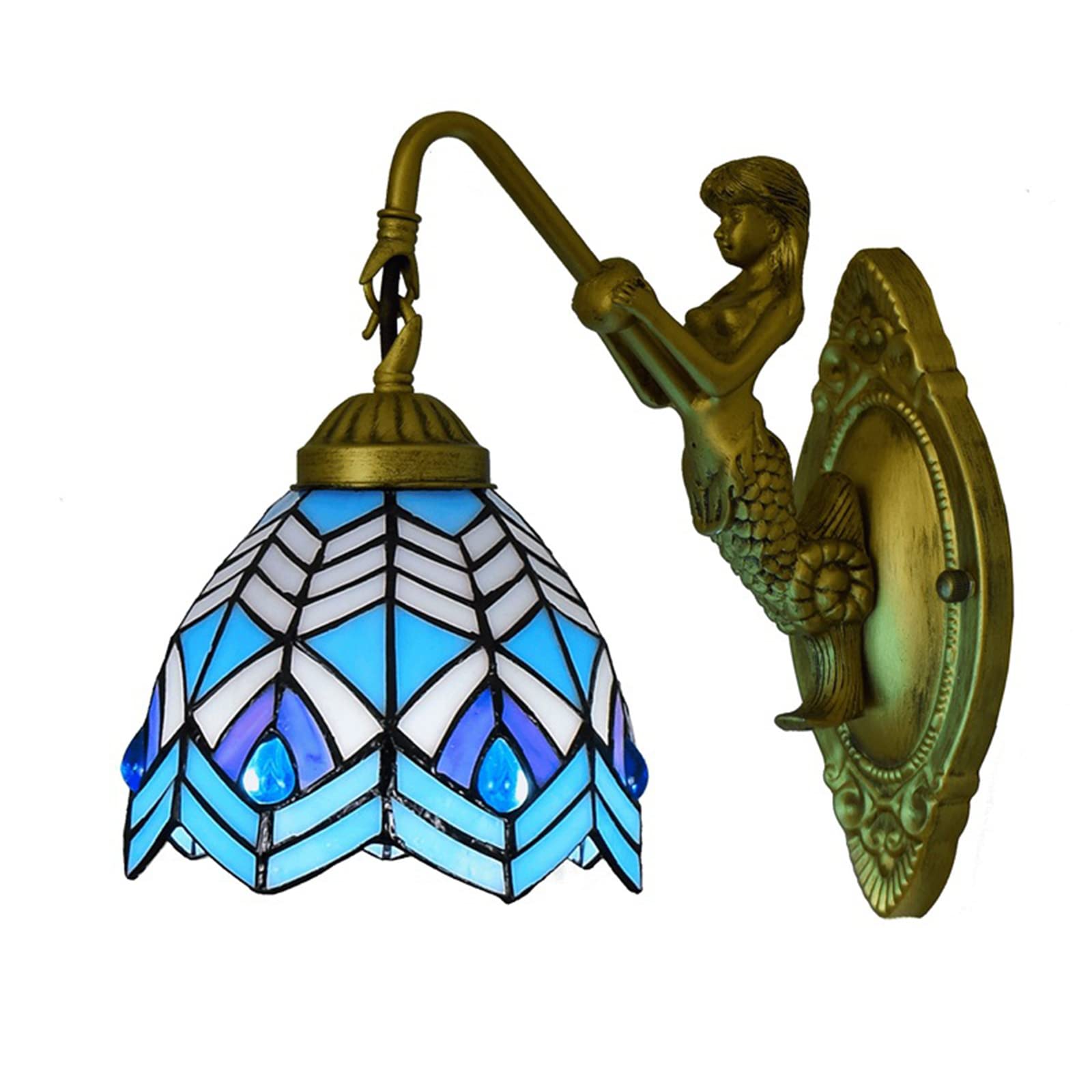 NHPJFDC Tiffany Wall Sconce Mediterranean Style Wall Lamp Stained Glass With Mermaid Lamp Arm Wall Light Fixtures For Patio, Stairs, Hallway, Living Room, Bedroom