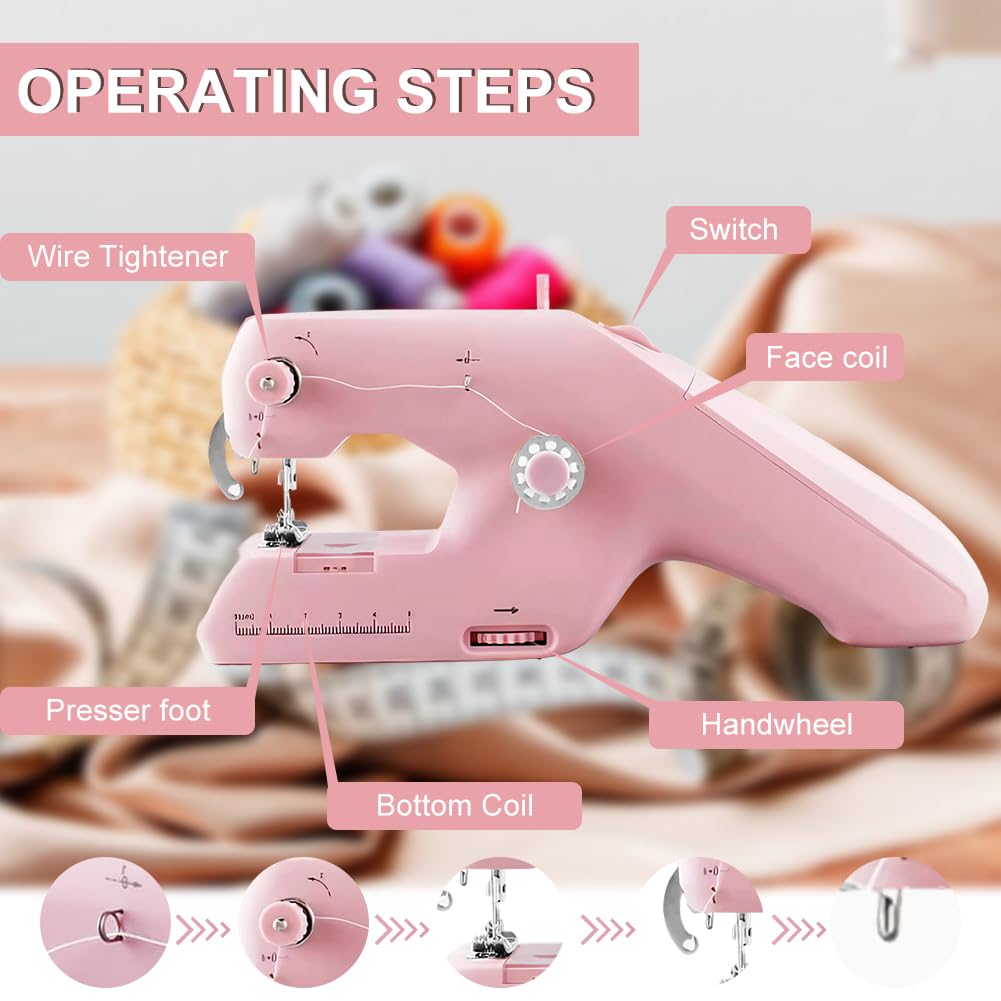 Handnähmaschine, Mini Nähmaschine, Tragbare Handnähmaschine, mit Nähzubehör für Anfänger, Schnell Nähende Elektrische Nähmaschine, DIY Nähmaschines für Kleidung, Stofftiere, Kissen, Vorhänge, Puppen