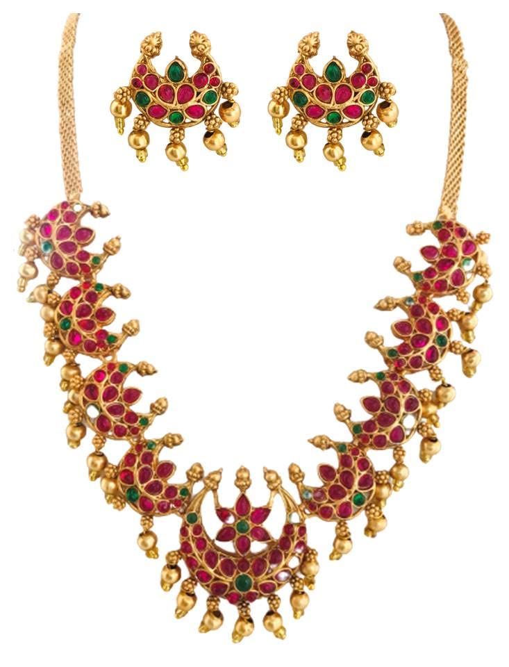 THE OPAL FACTORYAntique Gold-Plated Traditional South Indian 9 Moon Pendant Necklace Temple Jewelry with Earrings for Women (Multi)