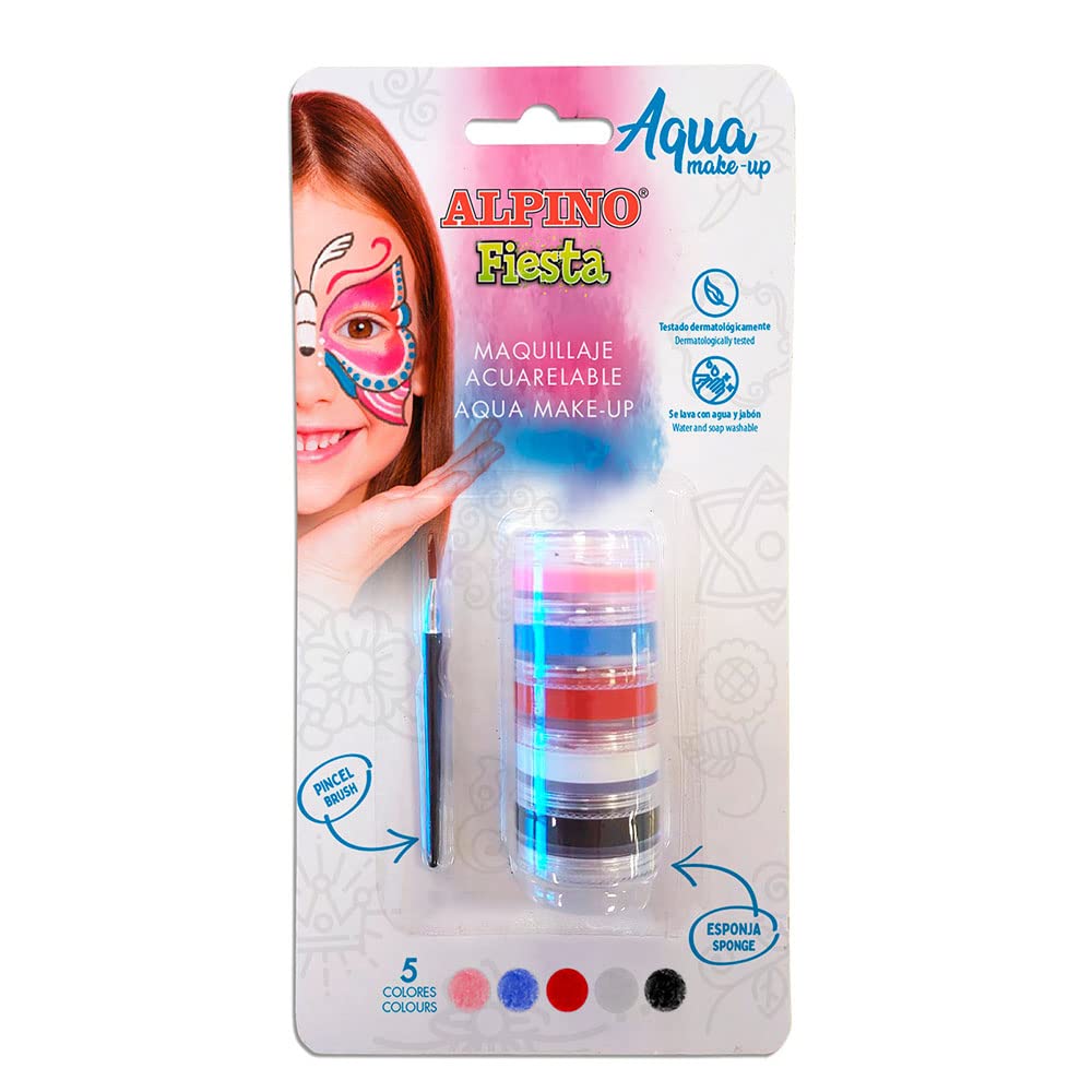 Blíster Aqua Make Up Alpino Fiesta 5 Colores | Maquillaje Facial acuarelable | Maquillaje para Fiestas, Carnaval, Halloween | Maquillaje al Agua Apto para niños y Adultos