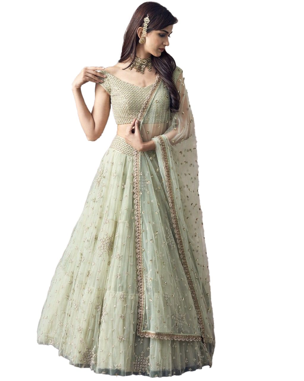 Pista Green Soft Net Embroidery Work Semi Sttiched Lehenga Choli Set For Women