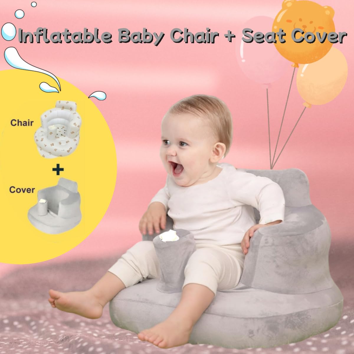 Aufblasbarer Baby-Sitz für Babys ab 4-24 Monaten,Baby-Rückenstützsofa,Boden-Sitzunterstützung zum Sitzen lernen (Baby Bär+Sofabezug)