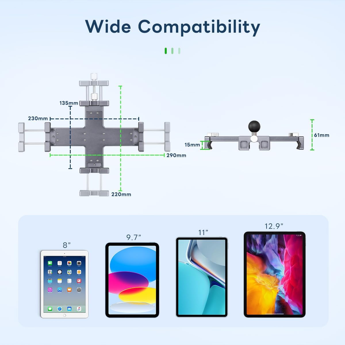 FANAUE Metallhalter für iPad-Stativmontageadapter Mit 1-Zoll-Kugeladapter Um 360° drehbarer iPad-Ständer passt auf Ihre Windschutzscheibe,Armaturenbrett oder Schreibtisch, für Allen 8-12,9" Tablets
