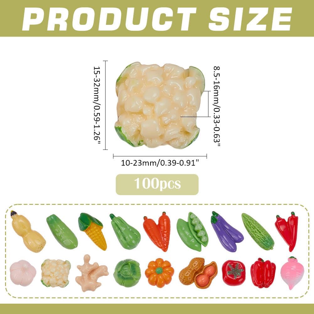 100Pcs Resin Artificial Vegetable Miniature Vegetables Figures Faux Tomatoes Carrots Onion Mushroom Potato Eggplant Vegetable Decoration Luminous Decor Tiny Figures for Home Kitchen Decor