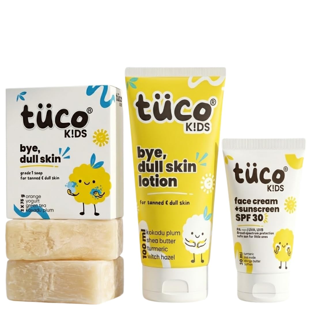 Tuco® Kids 3-in-1 De-Tan Kit | Sunscreen SPF 30 + Summer Lotion + Dull Skin Soap | Turmeric, Kakadu Plum & Saffron | Paraben & Sulphate Free | Ages 3-15 | Boys & Girls-image-6