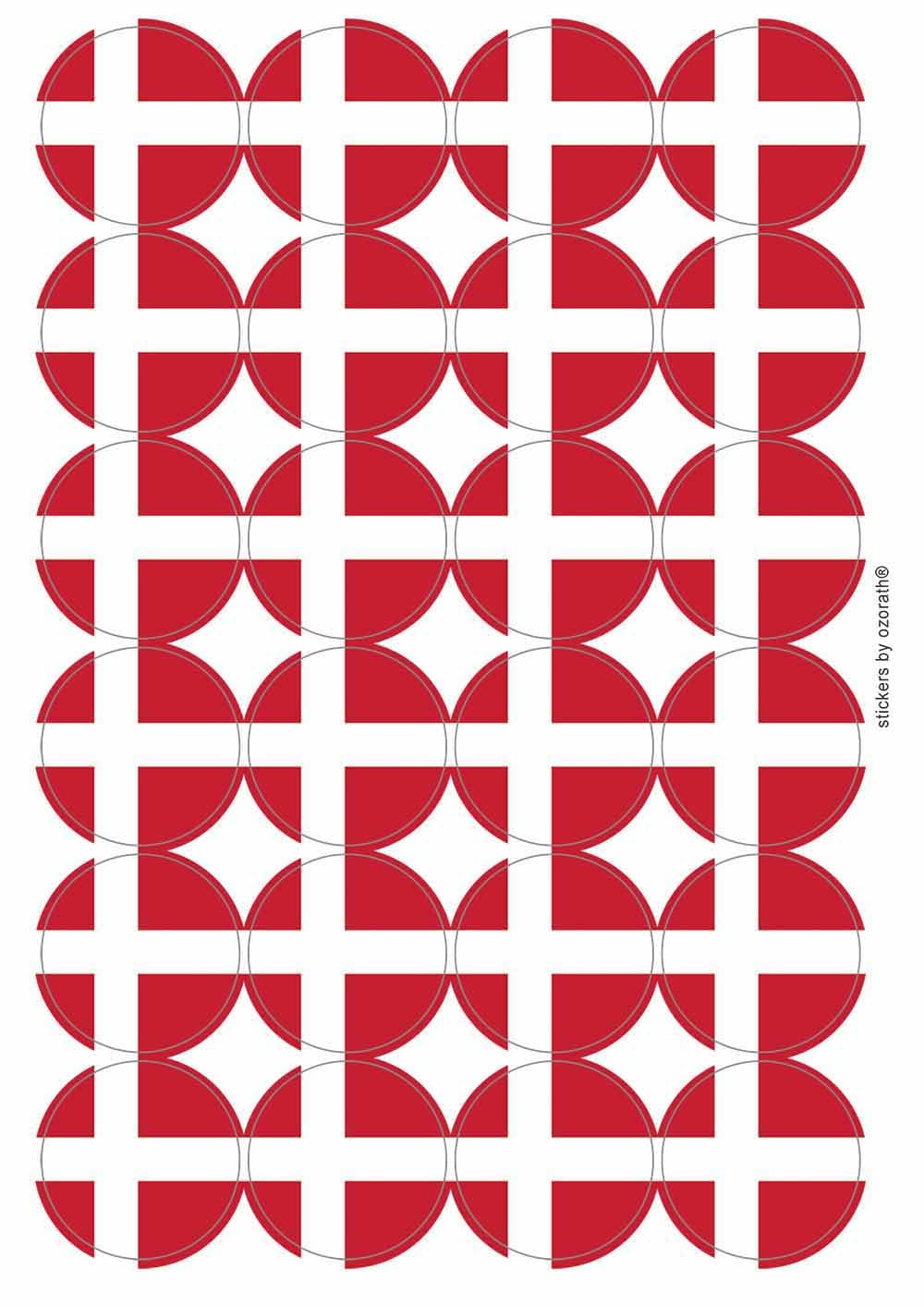 Denmark National Flag Circular Matt Paper Stickers A4 Sheet of 24 (Each Sticker is 45mm Diameter)
