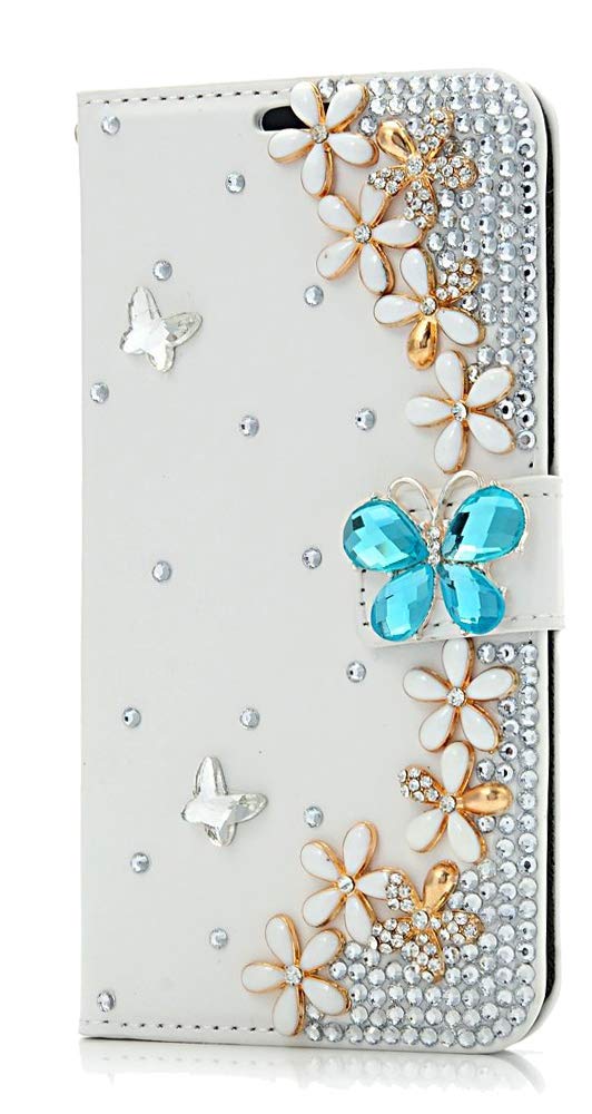 STENES Galaxy Note 3 Case - Stylish - 3D Handmade Bling Crystal Butterfly Flowers Floral Magnetic Wallet Credit Card Slots Fold Stand Leather Cover for Samsung Galaxy Note 3 - Blue