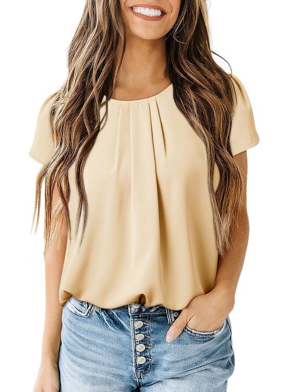 Dokotoo Women's Casual Round Neck Basic Pleated Tops Short Sleeve Loose Fit Curved Keyhole Back Chiffon Blouses Tshirts