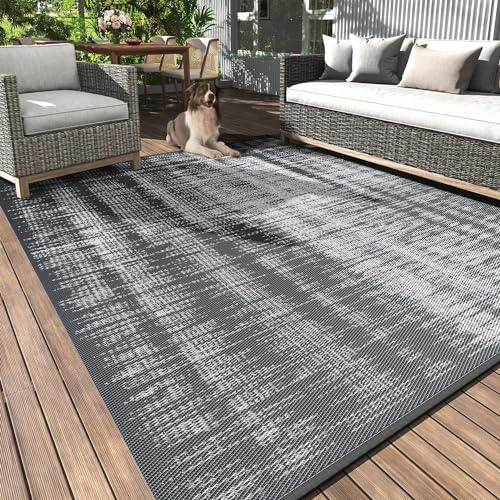 MontVoo Outdoor Rug Waterproof 5x8 ft Outdoor Carpet Patio Rug Mat Reversible RV Camping Rug Plastic Straw Outside Rug for Balcony Porch Deck Picnic Beach Modern Grey Grey 5' x 8' (Rectangul