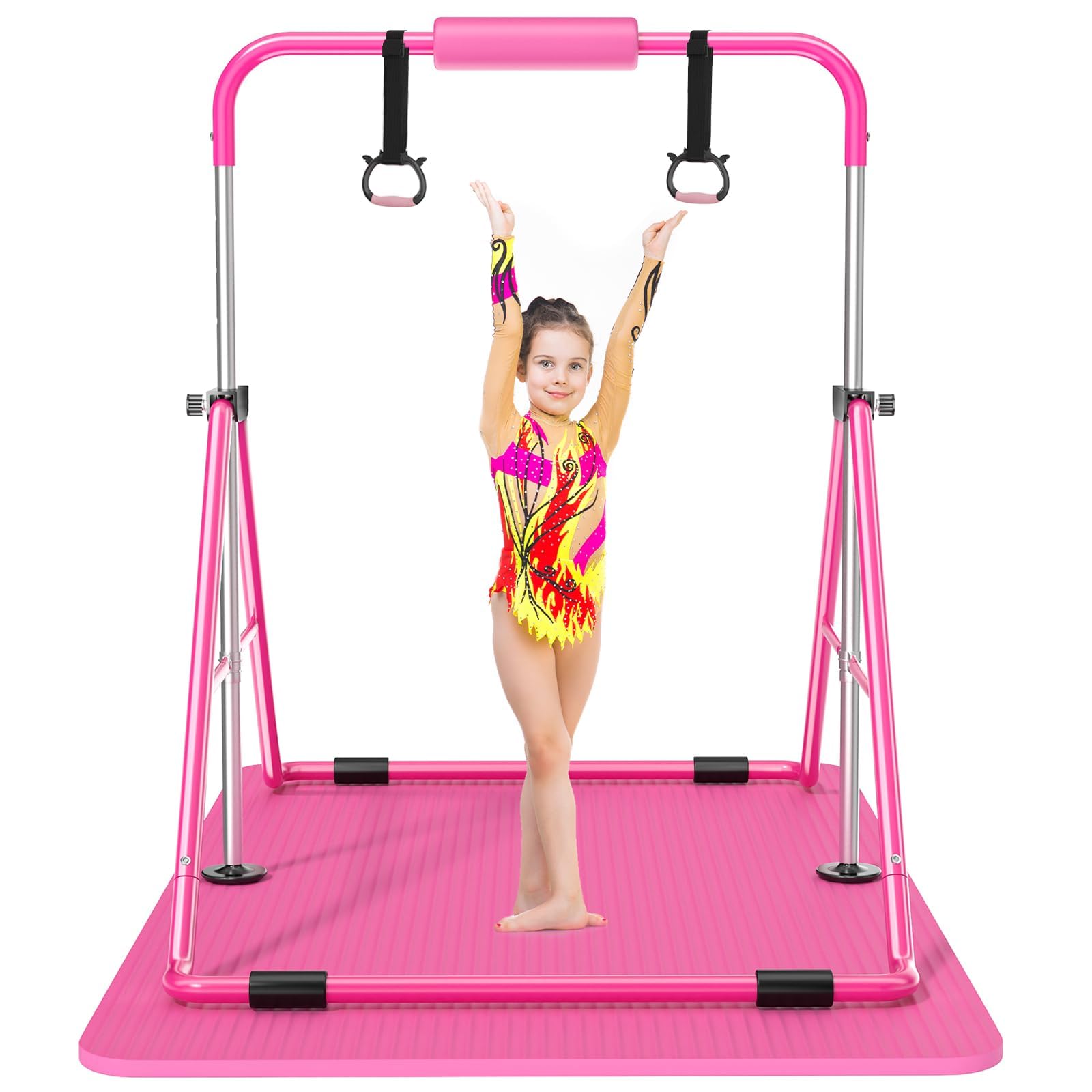 Gymnastics Bar with Mat for Kids, Foldable &amp; Adjustable 35"-51", Supports 141Lbs with Pad, Easy to Assemble, Gymnastics Equipment for Indoor/Outdoor Training