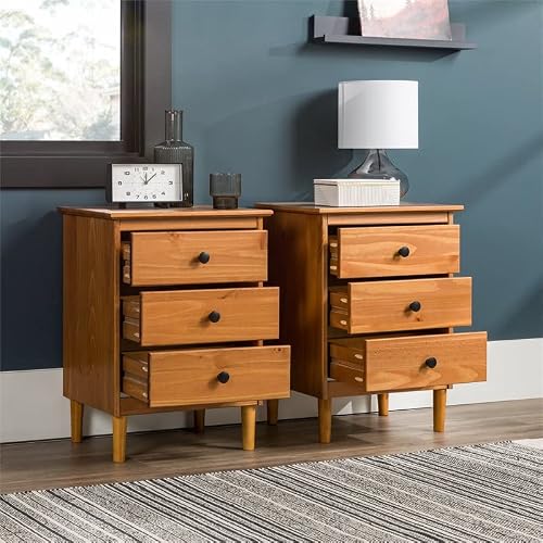 Walker Edison Myron Modern 2 Piece Solid Wood 3 Drawer Nightstand Set, 2 Pack, Caramel #TOP4