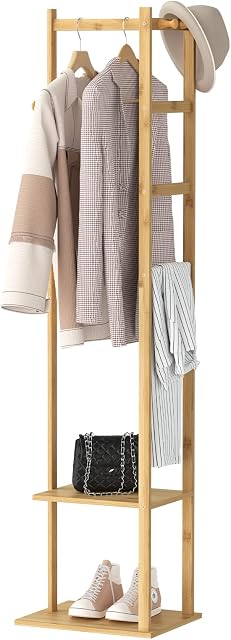 unho Bamboo Clothing Rack, Corner Coat Rack Stand Hall Trees Free Standing Clothes Hanging Rail Garment Rack with 2 Shelves 3 Hanger Hooks and Pants Hanger for Entryway Bedroom Living Room