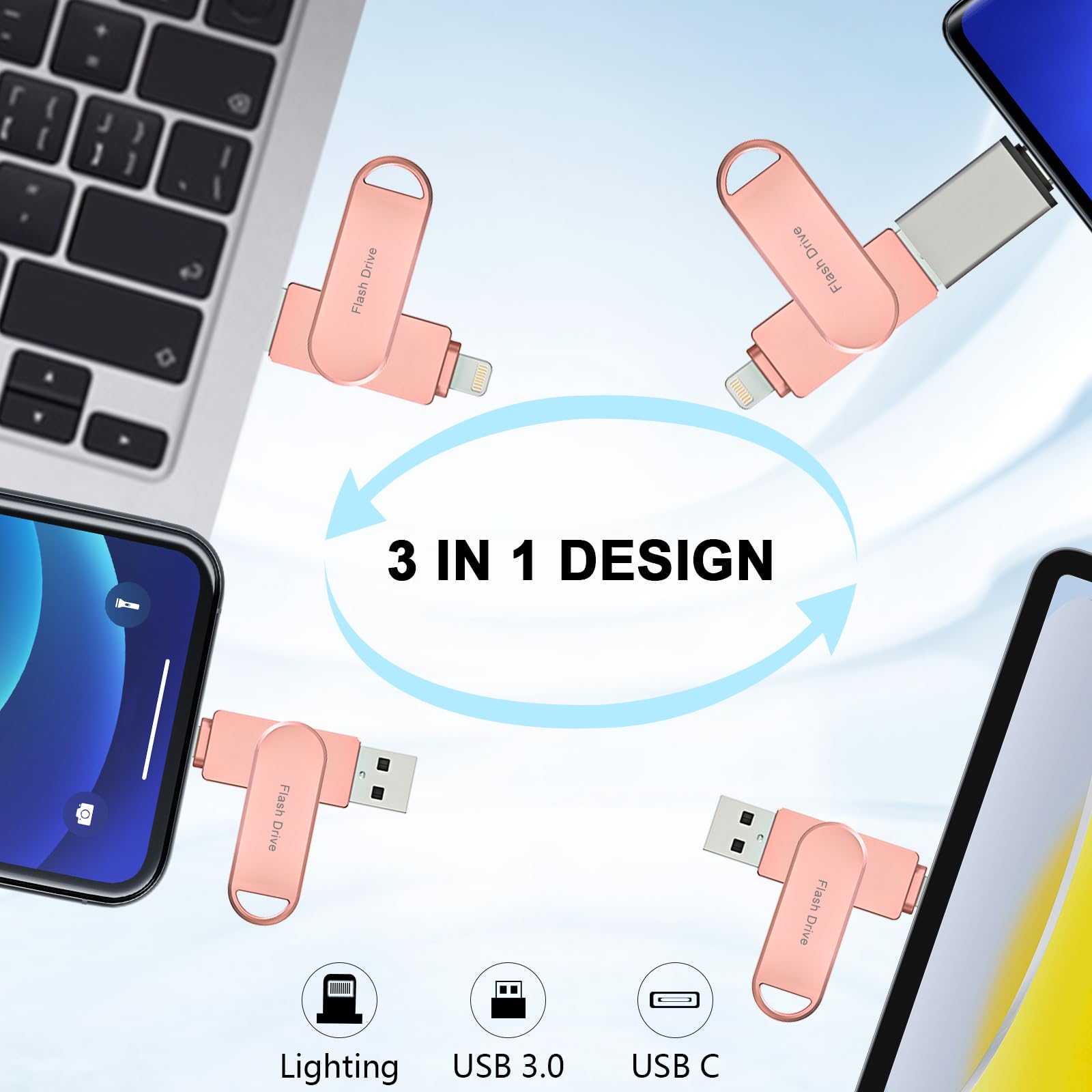 Pendrive 256 GB para iPhone, MFi Certificado por Apple,Xaytrre Memoria USB C,Pen Drive 3.0,Flash Drive Lightning,Memory Stick 3 en 1 para iPhone,OTG Android,Mac,Pc,Rosa Claro