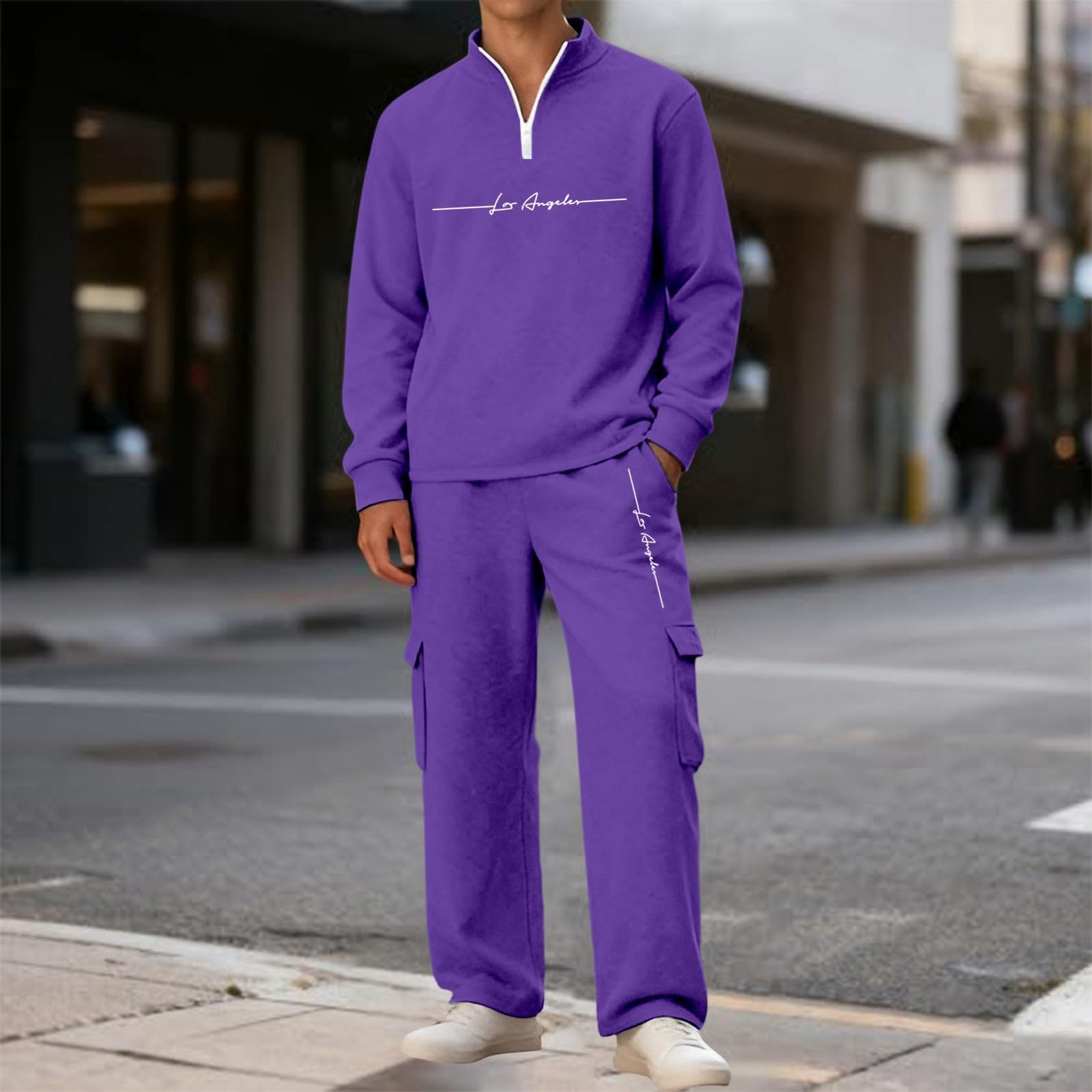 Tuta da jogging da uomo, lunga, baggy, set da 2 pezzi, con felpa e pantaloni cargo, con stampa, alla moda, casual, casual, per il tempo libero, per l'autunno