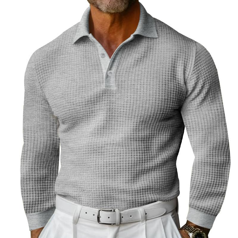 Mens Waffle Polo Shirt - Spring Autumn Long Sleeve 1 4 Button Casual Shirt for Vacation Everyday Wear