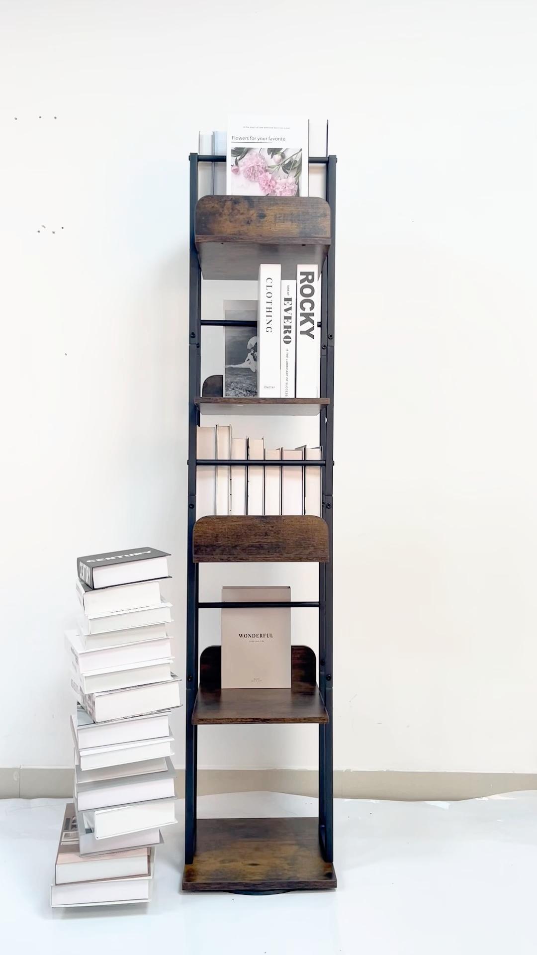 Libreria Angolare Rotante A 5 Ripiani - Scaffale Girevole In Legno E Metallo Per Angoli Stretti - Foto 3