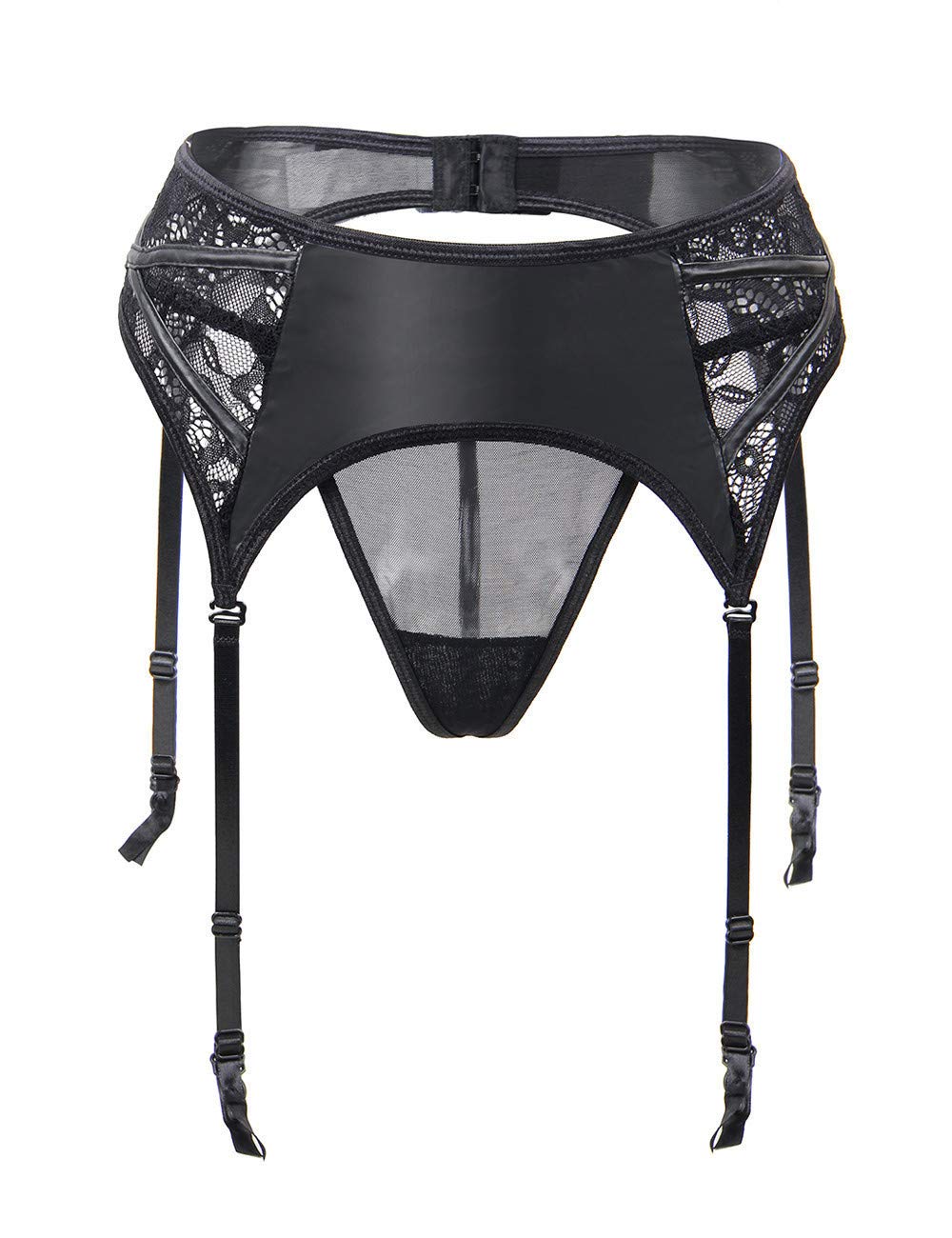 ohyeahladyWomen Lace Faux Leather Suspender Belt Garter Plus Size Lingerie Set with 4 Straps and G-String for Stockings Black Size UK 8-24