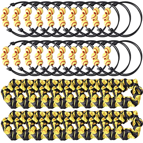 40 Pcs Softball Charm Bracelets and Sport Hairbands Set - Adjustable Inspirational Softball Beads Wristband Softball Scrunchies for Athlete Teens Adults - Multicolor