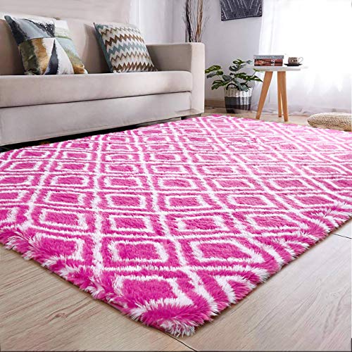 YJ.GWL Fluffy Area Rugs for Bedroom Living Room Shaggy Patterned Nursery Carpets for Girls Kids Teen's Room Fuzzy Floor Carpets Home Decor Rugs 4' x 5.9' Hot-Pink Trellis
