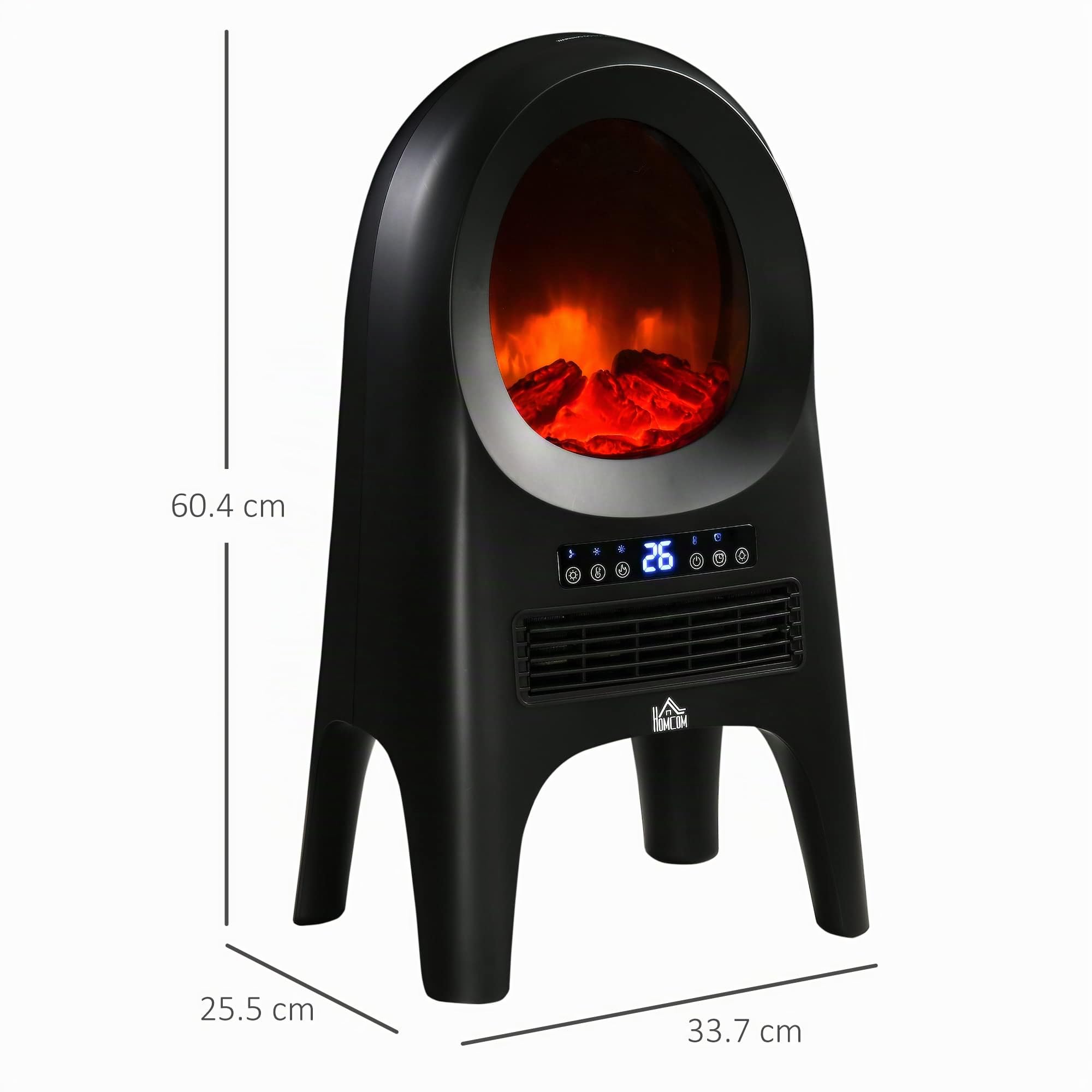 HOMCOM Camino Elettrico PTC 3 Modalità 1000W/2000W 33.7x25.5x60.4 cm Nero | Caminetto Elettrico, Temperatura Regolabile, Spegnimento Automatico, Timer, Telecomando