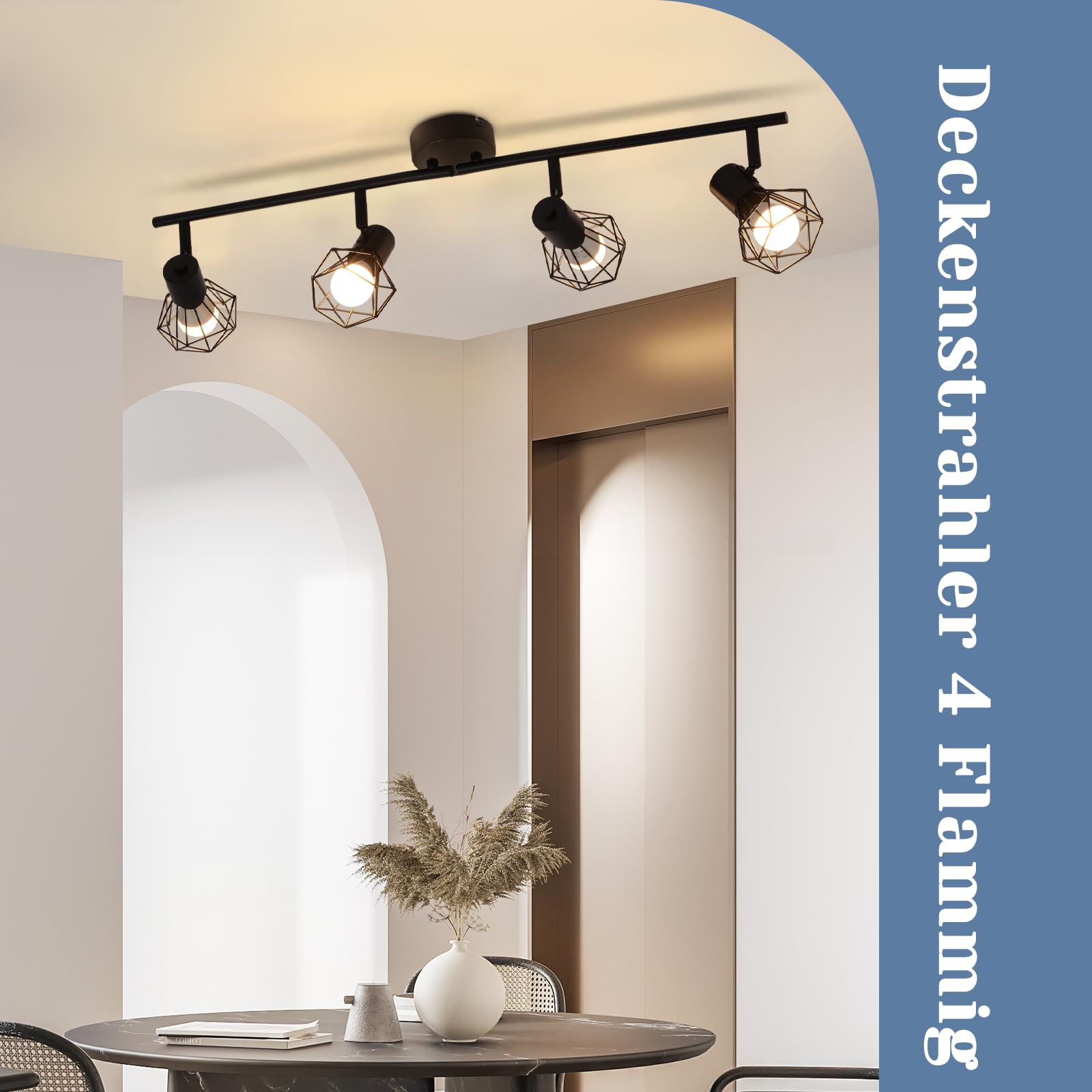 Glitzerlife Deckenstrahler 4 Flammig Deckenlampe Schwarz - Deckenspots Vintage Retro E14 Industrie Schwenkbar 350°Deckenleuchte Matt Metall Innen für Wohnzimmer Jugendzimmer Schlafzimmer Küche