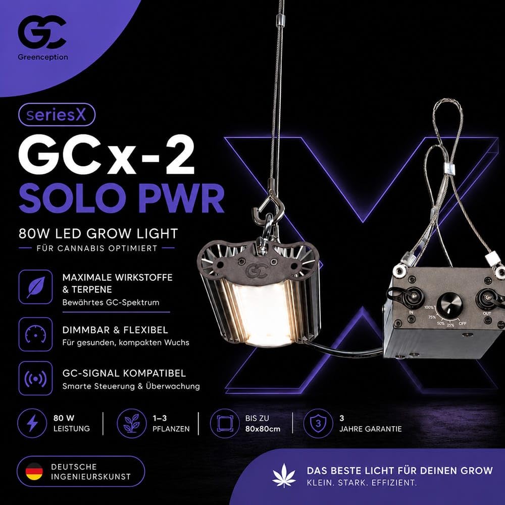 Greenception GCx-2solo PWR 80W LED Pflanzenlampe, Vollspektrum Pflanzenlicht mit UV & IR, Dimmbares Indoor Pflanzenlicht für Wachstum, Blüte und Terpenproduktion