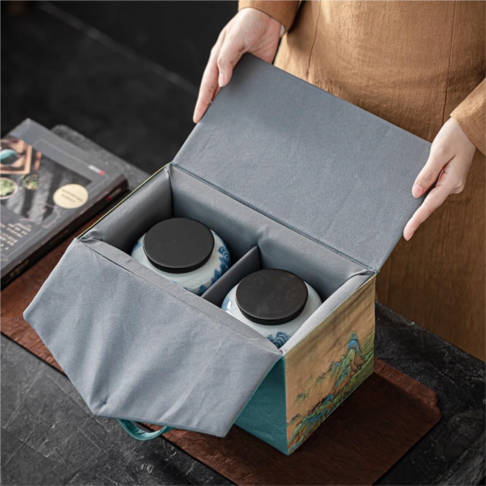 Set Da Tè Immagine di paesaggio creativo Barattolo for la conservazione del tè sfuso Barattolo sigillato in ceramica for uso domestico Set da tè cinese Set di scatole regalo con doppio barattolo Barat