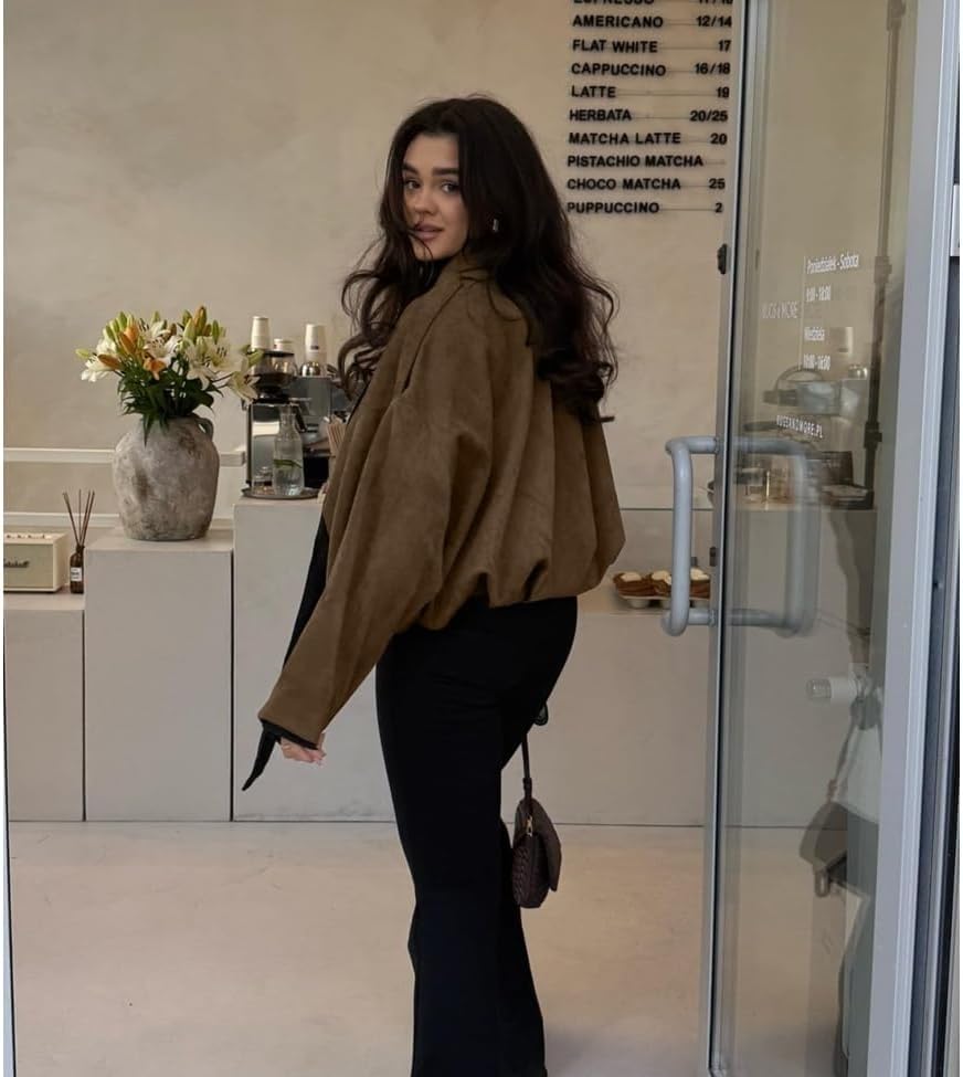 Suede Jackets for Women 2025 Faux Suede Bomber Jacket Women Oversized Casual Long Sleeves Trendy Streetwear Coat2