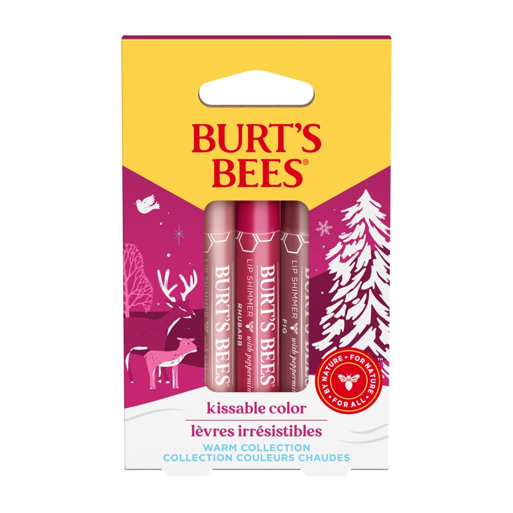 Burt's Bees Gift Set, 3 Lip Shimmers in Peony, Rhubarb and Fig Shades, Kissable Colour, 3x2.6g