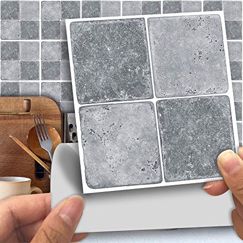 Hiser 25 Pièces Marbre Adhésive Décorative à Carreaux pour Salle de Bains et Cuisine Stickers Carrelage, Mosaïque Style Imperméables Auto-adhésifs 3D Adhésive Décoration (Pierre Grise,15 x 15cm)