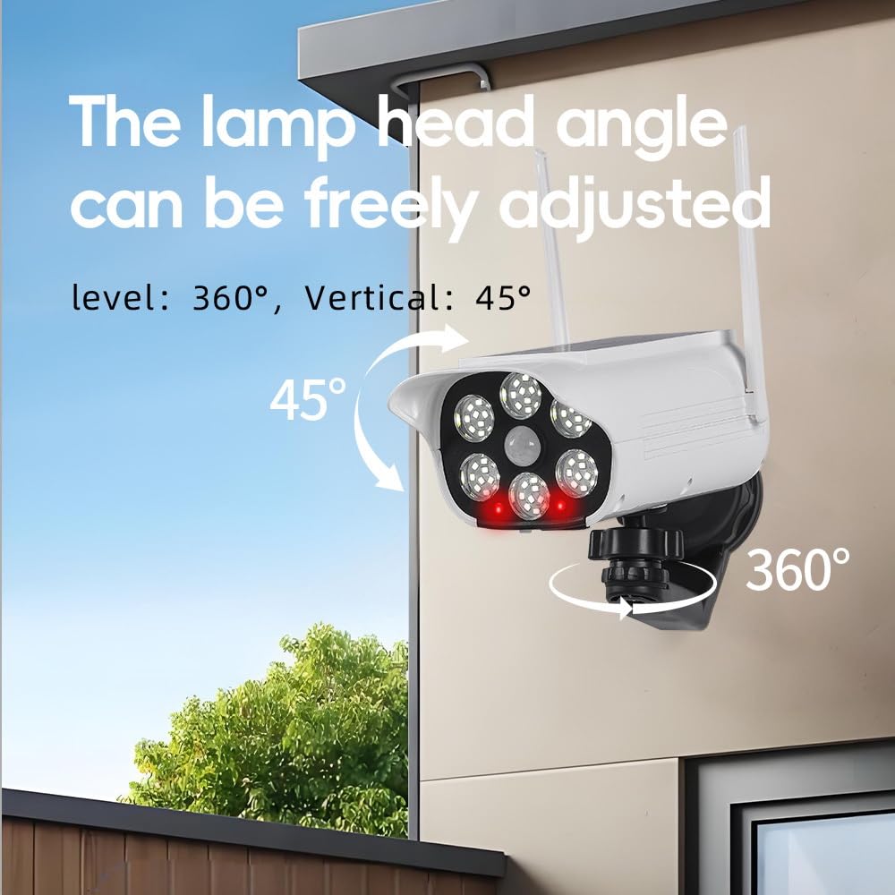 Lot de 2 caméras de sécurité factice avec détecteur de mouvement, projecteur, caméra de surveillance simulée, intérieur et extérieur, blanc solaire