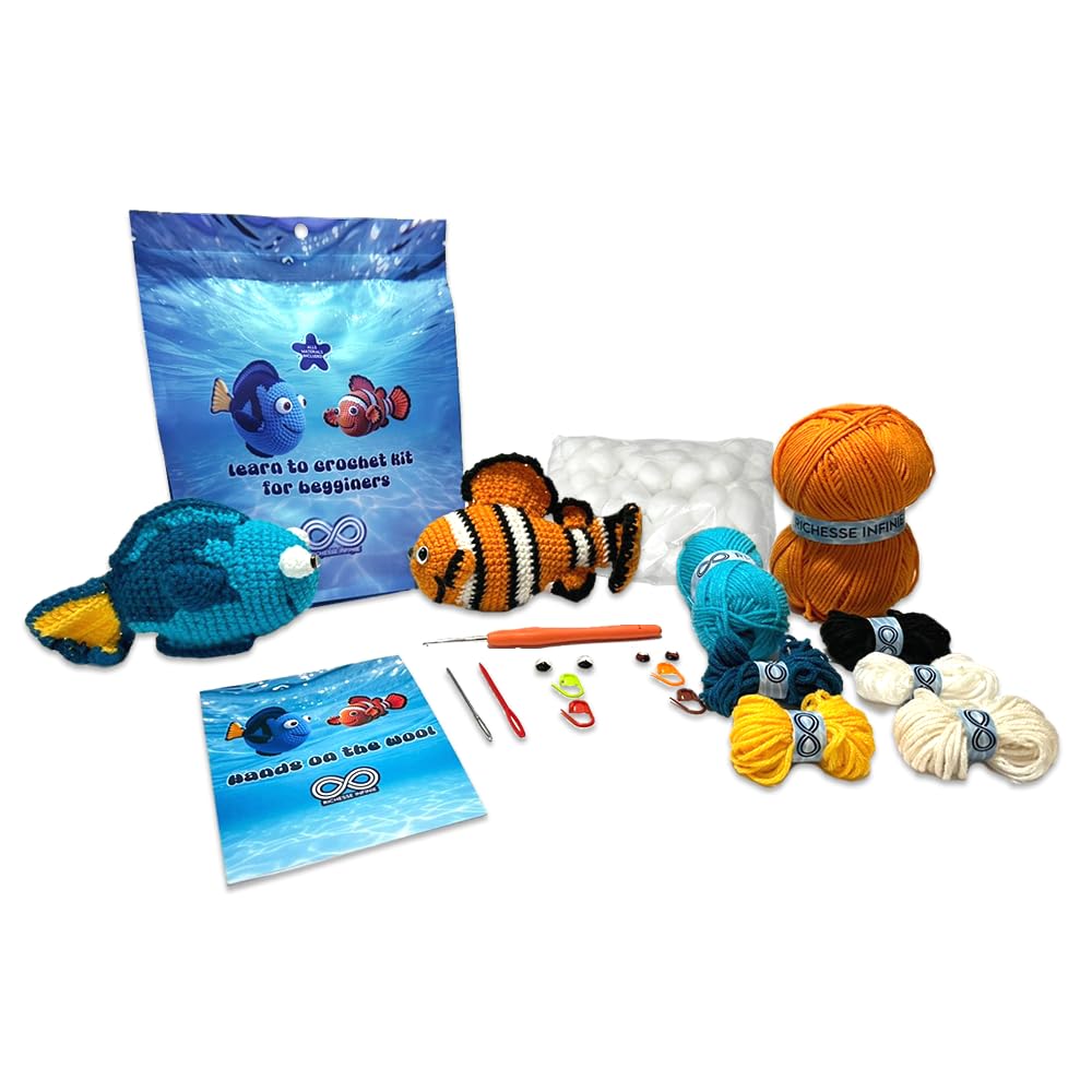 RICHESSE INFINIE Crochet Kit for Beginners & Adults – Includes Yarn, Hooks, Instructions & Video Tutorials – Make Clownfish & Surgeonfish – Gift Set for Kids, Teens & Craft Lovers