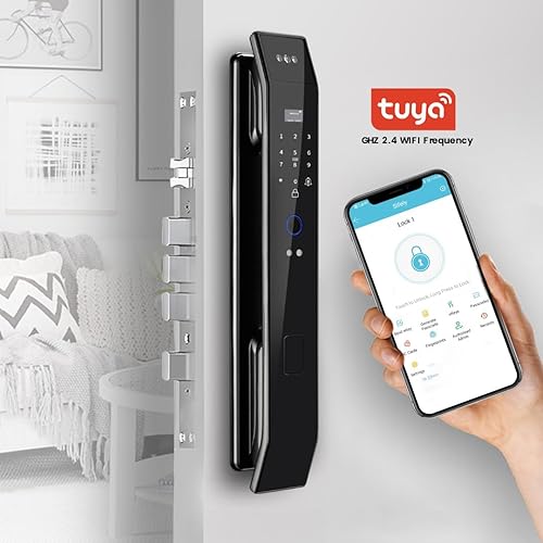 Vista 5 de cerradura inteligente para puerta con reconocimiento facial 3D, huella dactilar, timbre de vídeo y intercomunicador, código de acceso, tarjeta IC