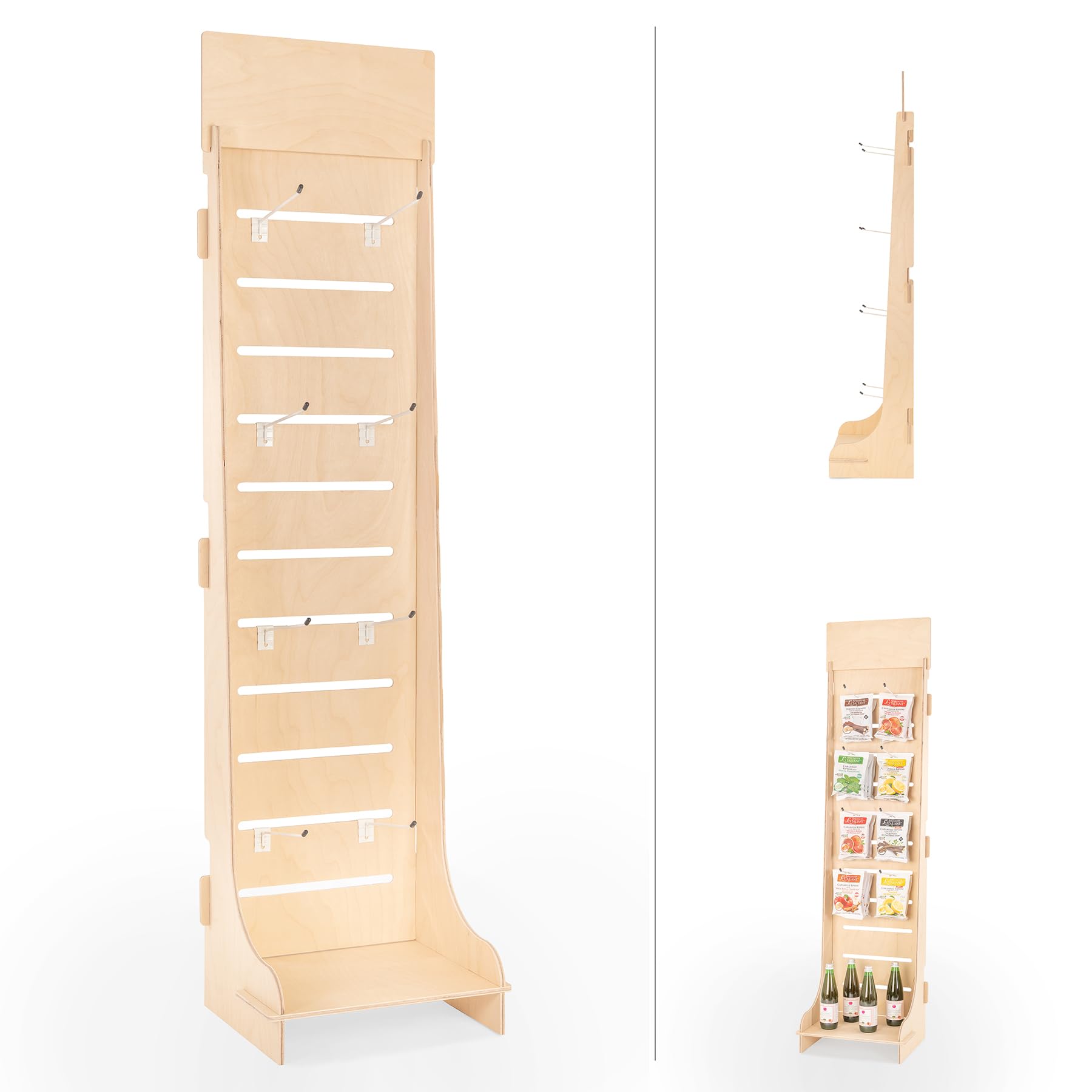 Espositore in Legno, da Terra, per Blister, 8 Ganci inclusi, H. 165 cm
