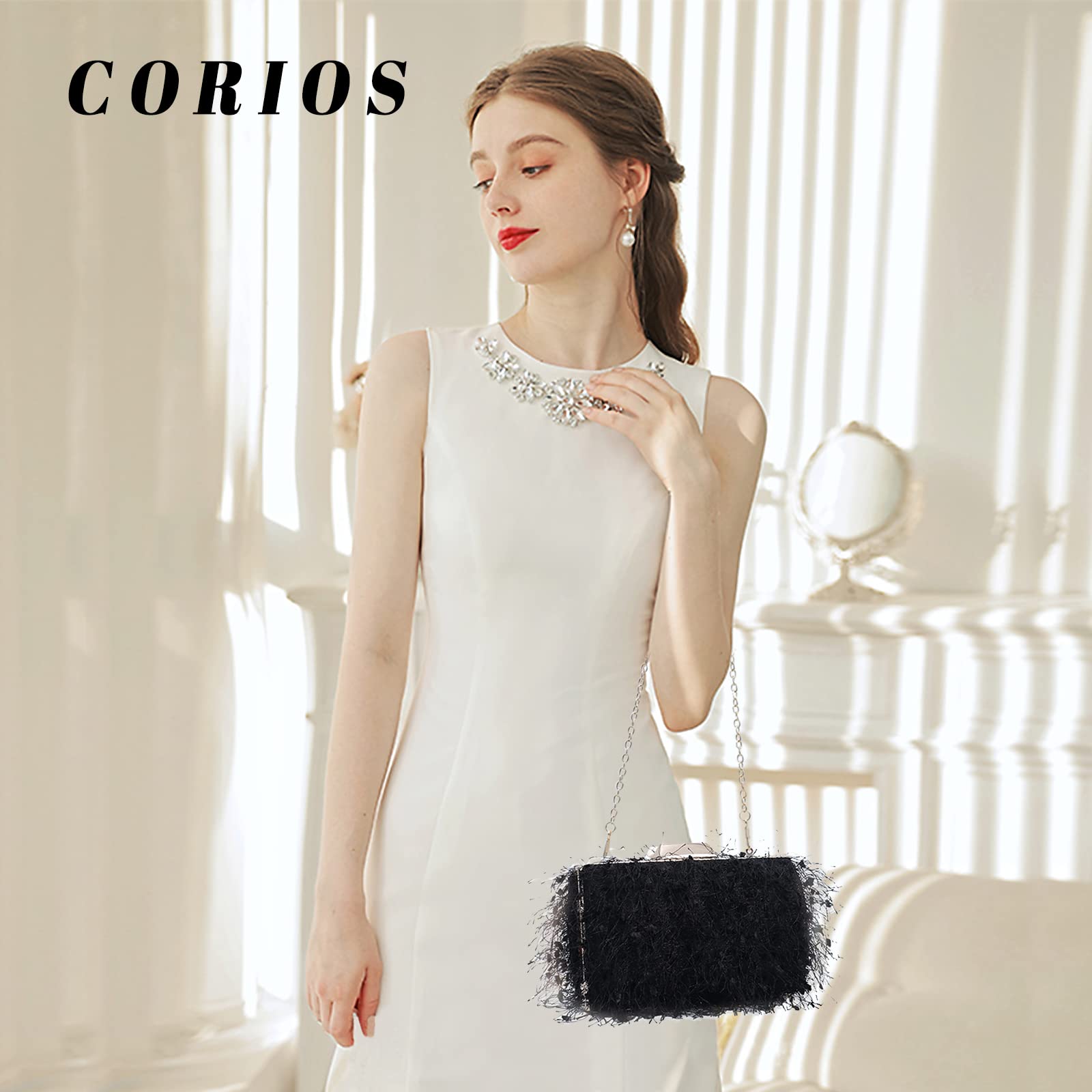 CORIOS Pochette da Sera Donna con Catena - Borsa a Spalla/Tracolla Elegante per Sposa, Cerimonia, Cocktail, Festa, Ballo - Nero