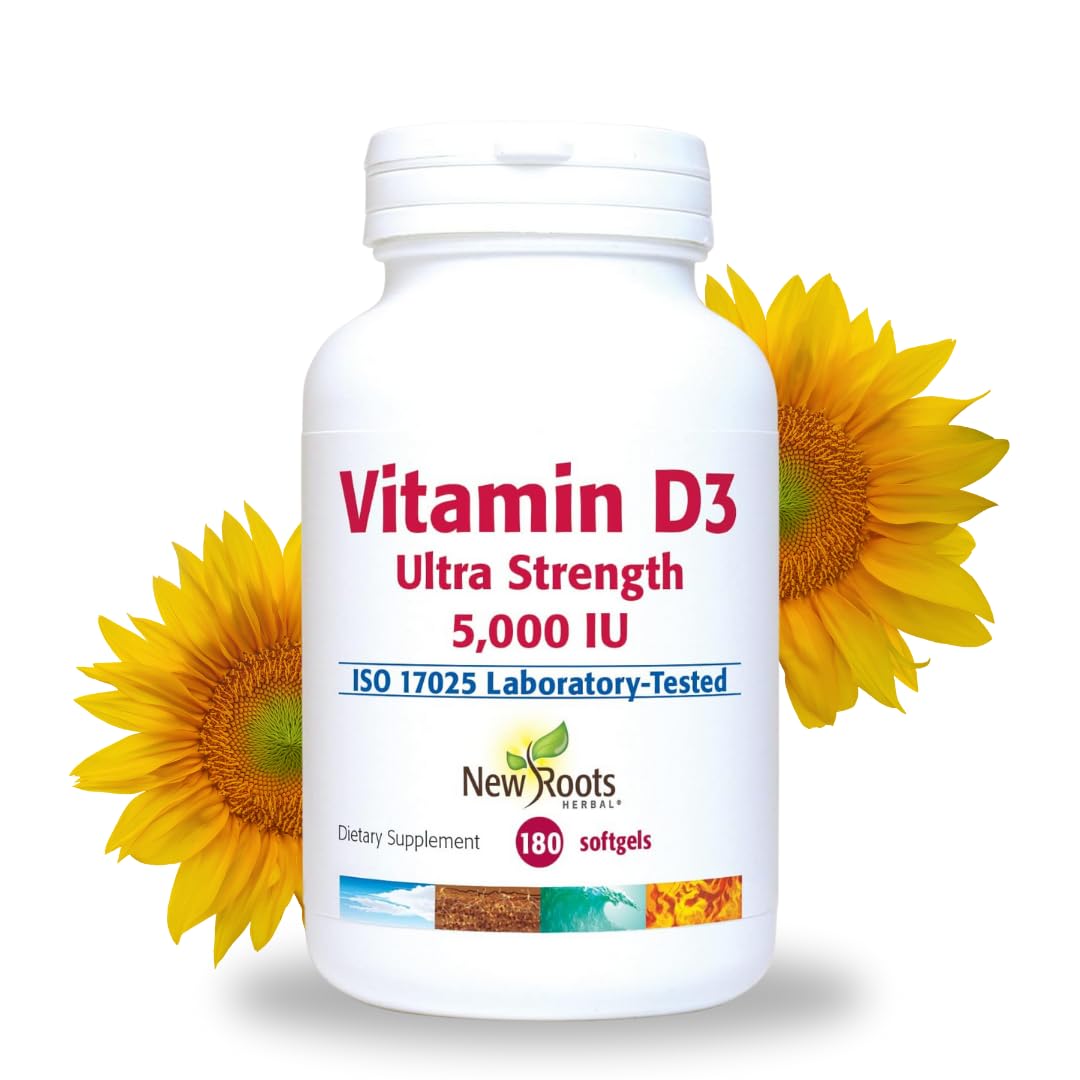 NEW ROOTS HERBAL Vitamin D3 Supplement 5000 IU with Vitamin E | Ultra Strength Vitamin D extracted from Sun Flower (180 Softgels), Non-GMO, Effective
