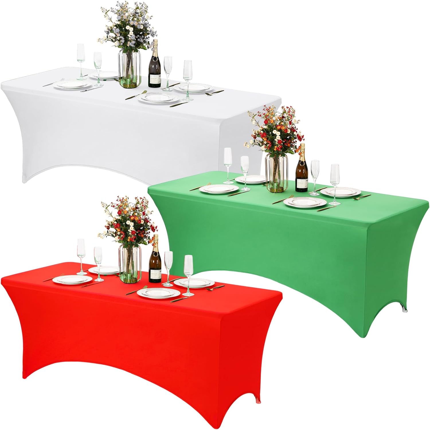 3 pack christmas kitchen spandex tablecloths 6 ft fitted tablecloth protector washable white red green table cover for rectangular tables for christmas events, weddings, banquets party