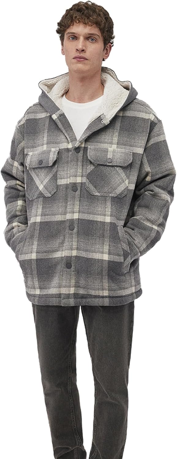 Black Plaid Check Shacket with Fleece Hood by Mavi