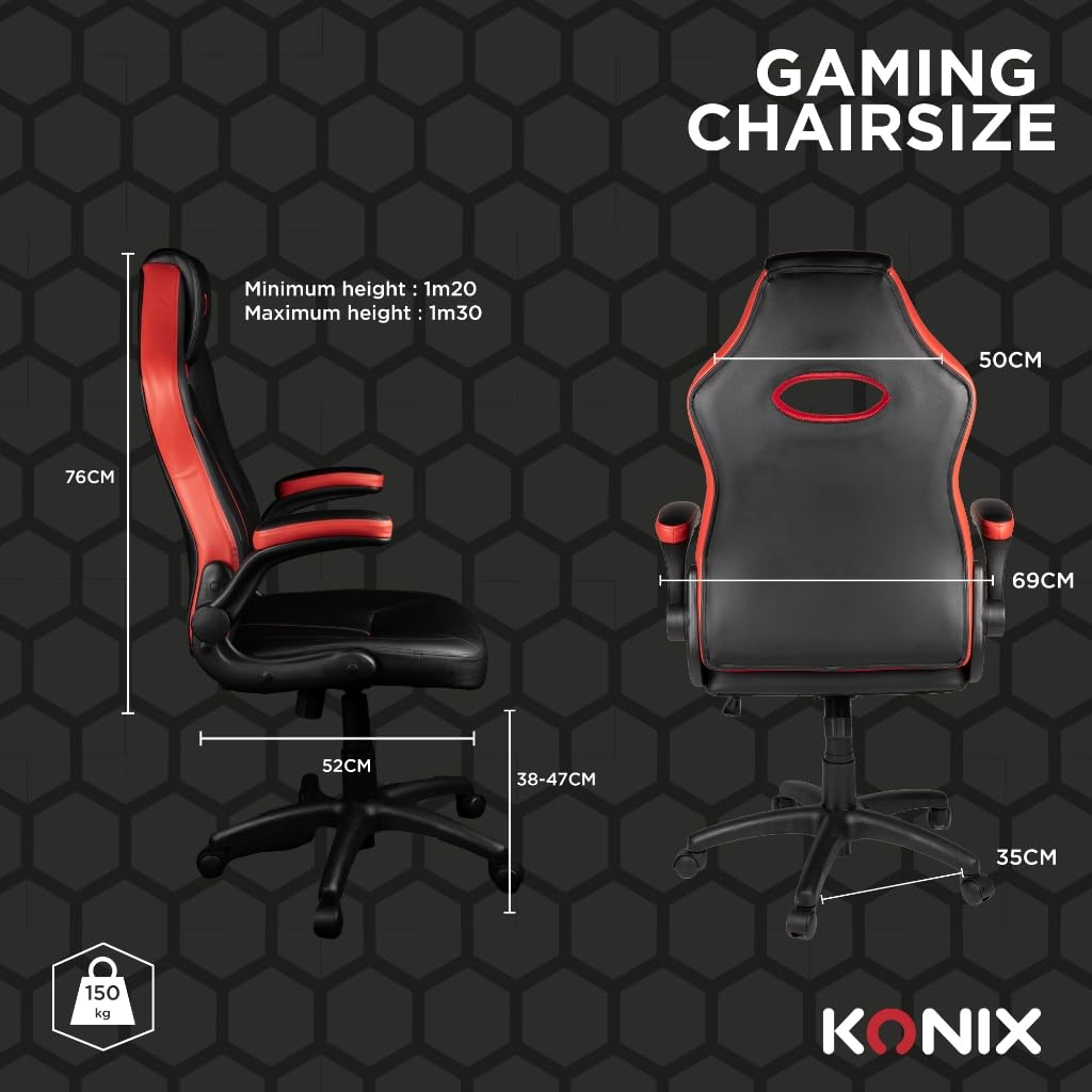 Konix Silla de oficina gaming Omega - Inclinación del asiento de 15° - Revestimiento de cuero sintético PVC - Negro y rojo