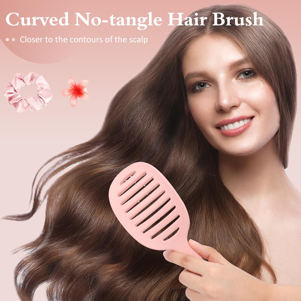 No-Tangle Hair Brush Set - Anti-Knot & Scalp Massage, Flower Clip, Silk Scrunchie, & Flannel Storage Bag (Pink) - Image 2